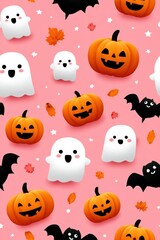Obraz premium Cute Halloween Pattern with Ghosts, Pumpkins, Bats, and Leaves
