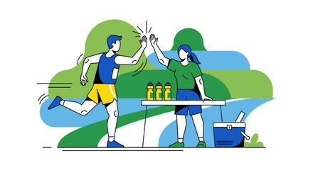 A runner celebrates with a high five at a refreshment station during a race.