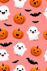 Obraz premium Cute Halloween Pattern with Ghosts, Pumpkins and Bats on Pink Background