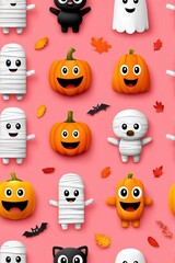 Fototapeta premium Cute Halloween Characters with Pumpkins and Autumn Leaves Background