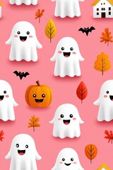 Fototapeta premium Playful Ghosts and Seasonal Elements on Pink Background for Halloween