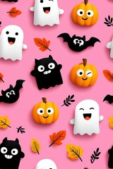 Obraz premium Playful Halloween Ghosts, Pumpkins, and Bats on Pink Background