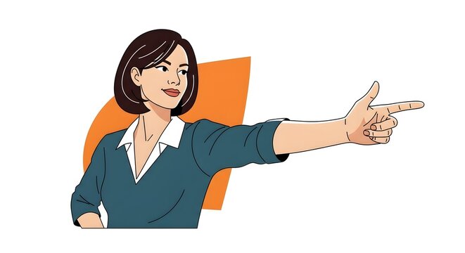 Smiling woman in business attire pointing confidently outward.