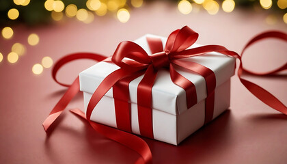 Obraz premium A White Gift Box with a Red Ribbon for Christmas and Holiday Celebration Concepts