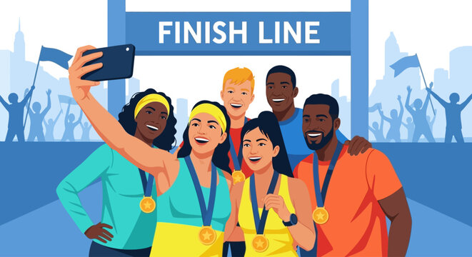 Diverse group of happy runners celebrating and taking a selfie with medals at the finish line of a race. - Powered by Adobe