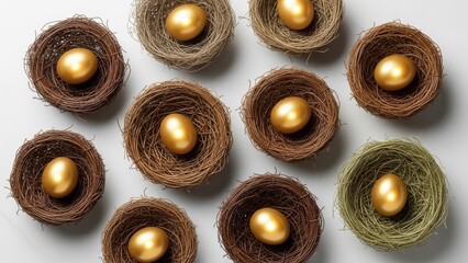A top-down view of multiple bird nests containing golden eggs.