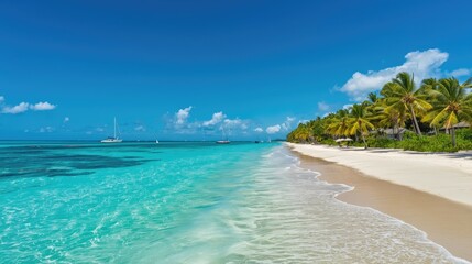Fototapeta premium A tranquil tropical beach scene showcases vibrant turquoise water lapping gently at a pristine white sand shore, lined with lush palm trees and secluded cabanas under a brilliant blue sky.