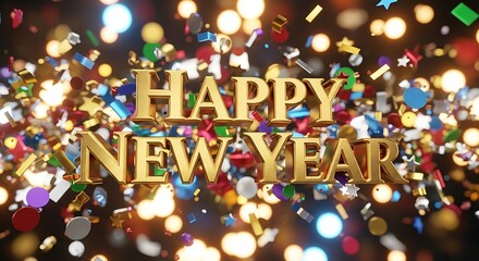 Sparkling Golden Happy New Year 3D Text Amidst Vibrant Confetti and Festive Bokeh Lights.