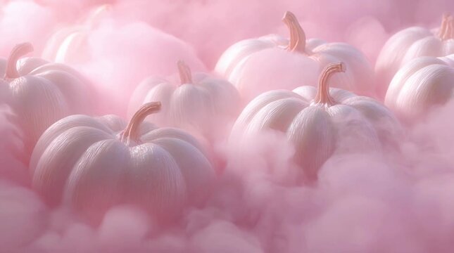 Soft, white pumpkins nestled in a dreamy pink fog create a serene autumnal scene. The soft lighting and pastel colors evoke a gentle, romantic mood.