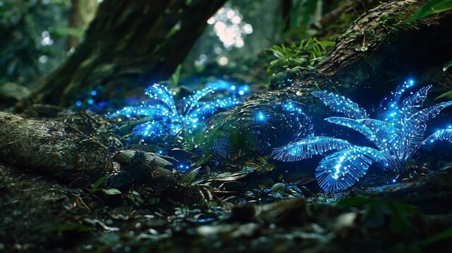 Vibrant blue bioluminescent plants illuminate dark forest floor with ethereal glow for fantasy futuristic nature jungle mystery concept