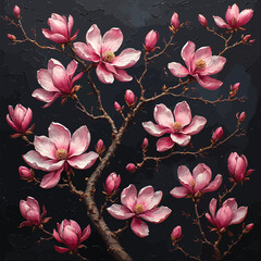 Delicate pink magnolia blossoms on dark background
