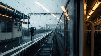 A person with an umbrella waves goodbye to a departing train on a rainy day.