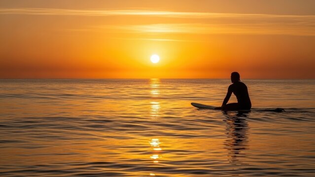 A female surfer sitting on her board, silhouetted against a beautiful orange sunset.