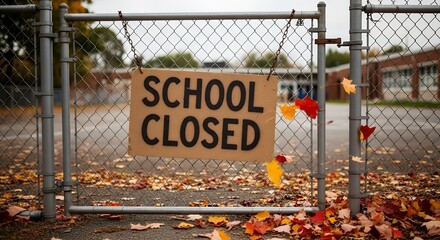 School Closed Sign Hanging on Metal Gate with Autumn Leaves on Ground