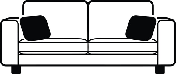 Minimalist sofa illustration with cushions in black and white for modern interior design projects and furniture catalogs featuring simple home decor