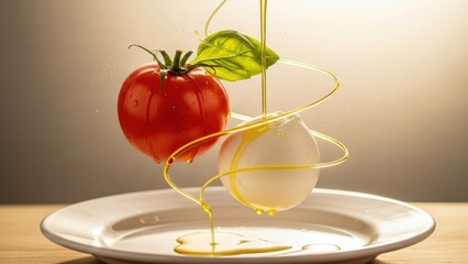 A fresh tomato and mozzarella ball suspended in the air with olive oil drizzling over them.