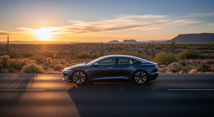 The pinnacle of luxury and sustainable travel, a silent electric car glides through a serene desert landscape at sunrise for a peaceful journey.