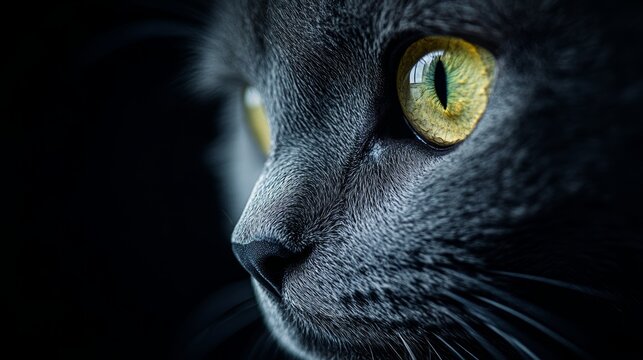 Close-up portrait of a gray cat with intense yellow eyes staring attentively into the distance on dark background, feline grace, pet beauty, animal instinct, curiosity, and domestic cat portrait.