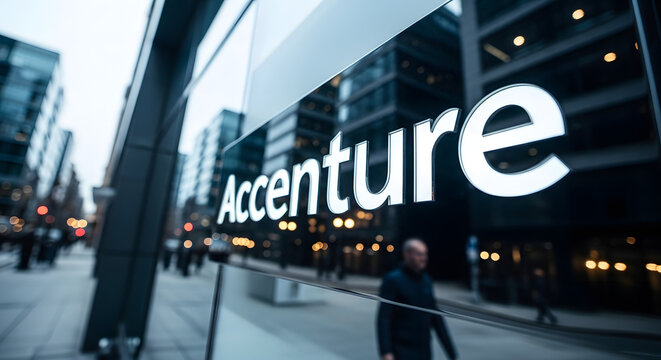 Blurry daytime scene of a man walking past a large glass building with the Accenture logo prominently displayed in white letters on a city street with a shallow depth of field and cool