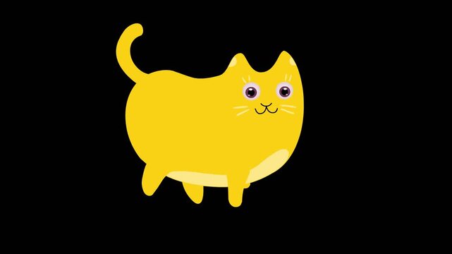 A cheerful, plump yellow cat stands against a black background.