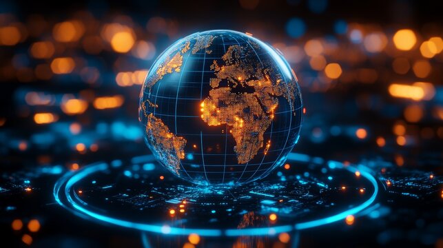 A futuristic digital glowing globe illuminated in golden tones floats over a virtual grid, global connection, data, technology, innovation, and the interconnected modern world of networks and progress