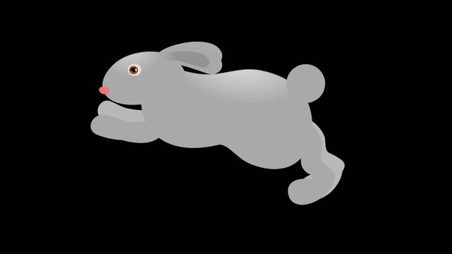 A gray cartoon rabbit running or jumping, isolated on a black background.