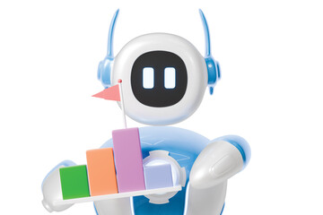 3d robot with goal chart icon. artificial intelligence concept. Minimal cartoon  chatbot holding bar graph with flag for app UI and business analytics isolated on white background. 3d render.