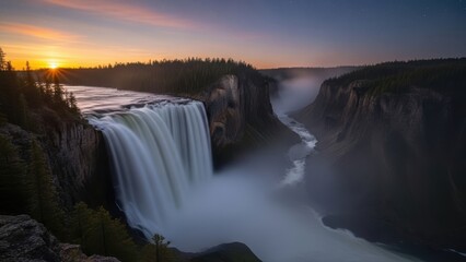 Fototapeta premium A powerful waterfall in a canyon at sunset with stars in the night sky.