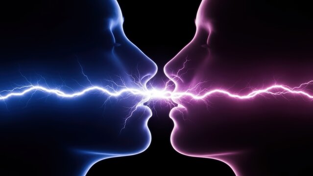 A blue face and a pink face with a lightning spark of energy between them.