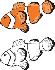 Clownfish vector illustration isolated monochrome and color.