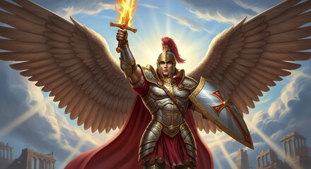 Winged Warrior in Shining Armor Holding Flaming Sword Against Ancient Ruins