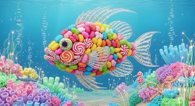 Colorful candy fish underwater crafted from sweets and lollipops in a whimsical coral scene.