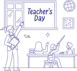 Flat Design Happy Teacher’s Day Classroom Scene with Teacher and Students