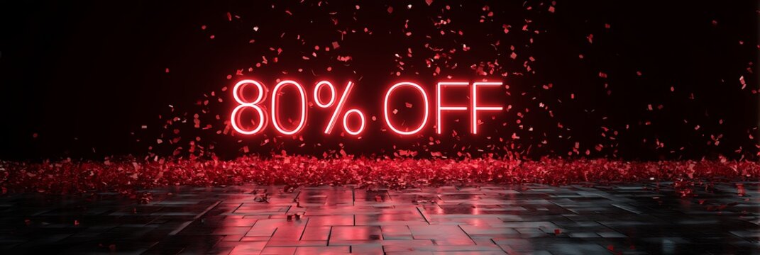Bright red neon text 80 off glowing in the dark with sparkling particles and reflective surface below
