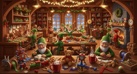 Busy Christmas Elves Making Toys in Cozy Wooden Workshop with Festive Decorations and Warm Lighting