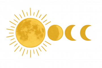 Golden sun and moon phases illustration showing lunar cycle and astronomy concept on transparent background