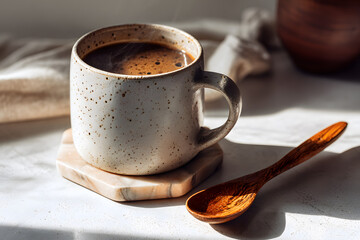 Speckled mug filled with rich steaming coffee on a stylish marble coaster.