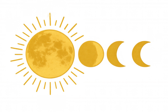 Golden sun and moon phases illustration showing lunar cycle and astronomy concept on transparent background - Powered by Adobe