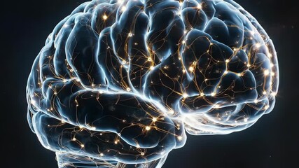 Abstract visualization of a neural network inside a translucent human brain, glowing synapses and data nodes, intricate connections - Powered by Adobe