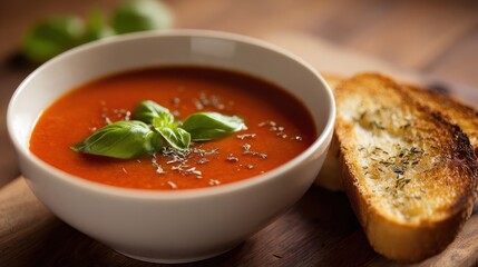Creamy tomato soup in a bowl, basil garnish, with toasted bread on a wooden board