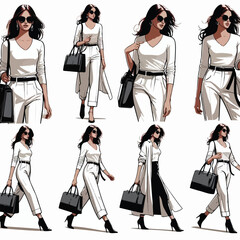  Vector image set of woman walking with bag