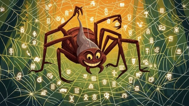 An illustration of the African trickster god Anansi the spider on a web with glowing symbols.