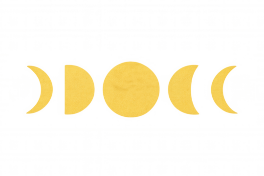 Moon phases showing waxing and waning cycle, gold glitter texture, celestial astronomy concept on transparent background
