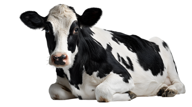 Resting Dairy Cow: A striking black and white dairy cow is captured in a relaxed, inviting posture, showcasing its gentle, domestic nature.