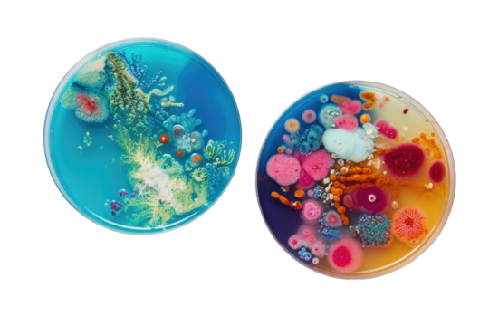 Two petri dishes, vibrant colors, microbial colonies, scientific, abstract
