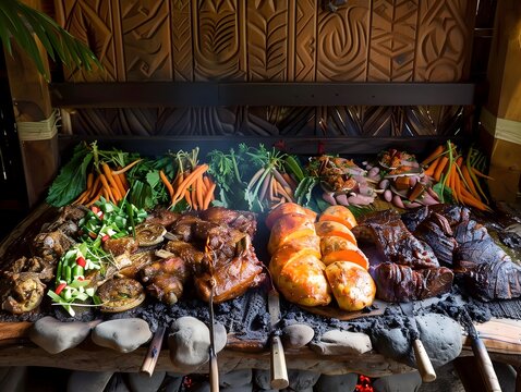 Hangi，A traditional Maori Hangi, featuring a selection of meats like chicken and lamb, along with vegetables such as potatoes, carrots, and kumara (sweet potato), all cooked in an earth oven using hea