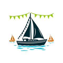 Regatta Day Sailboat Illustration with Bunting Hobart Regatta Day Sailboat with triangular sails and a hull navy blue