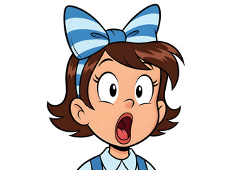 Fototapeta premium Cartoon girl with a big open mouth and a blue and white bow on her head. The girl is looking at the camera with a surprised expression
