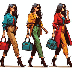  Vector image set of woman walking with bag