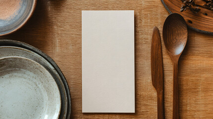 A beige blank menu card mockup set on a rustic wooden table, accompanied by fine wooden cutlery and a chic ceramic plate, perfect for showcasing culinary design.